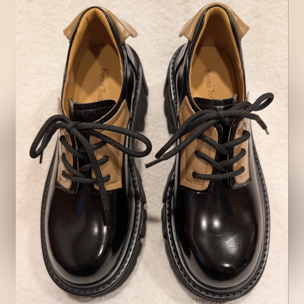 BeauToday Two-Tone Black/Carmel Lace-Up  Platform Shoes Women's 8.5 BRAND NEW